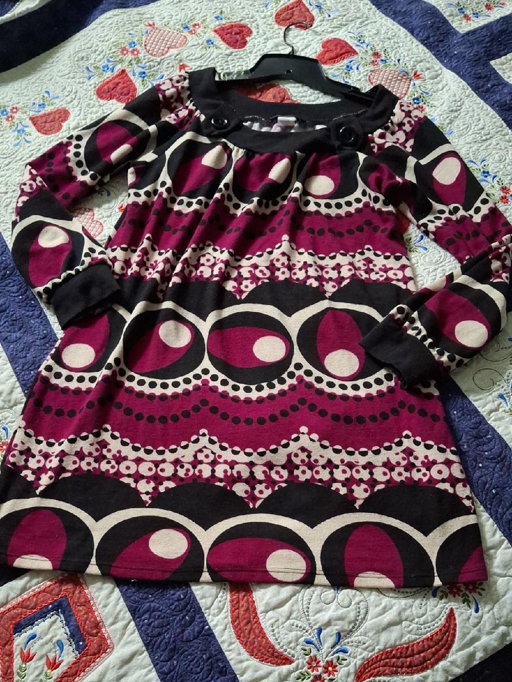 Panilli Women's Med Dress Tunic Purple Black & White Button Accent Neck